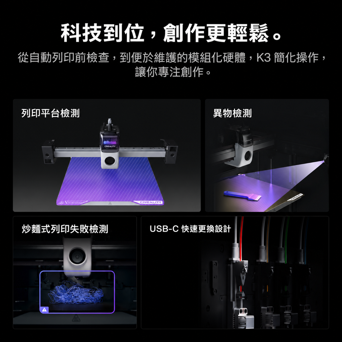 Creality K3 自動檢測功能與 USB-C 快速更換設計。